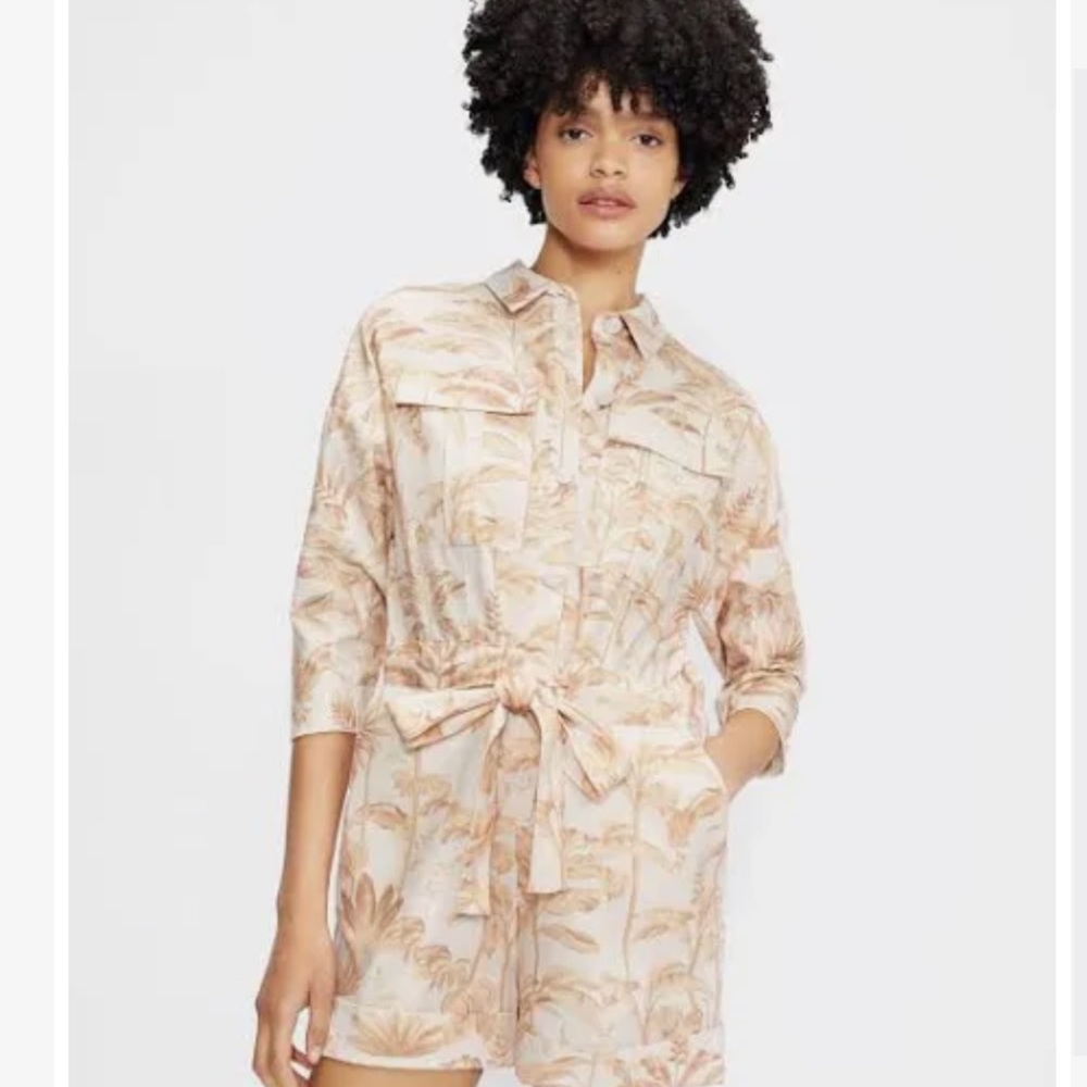 Ted Baker London Riiaana Romper 3/8US Collared Button Front Waist Tie Tropical